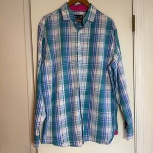 Charleston Threads Plaid Button Down Shirt Men's XL Blue Pink Cotton Long Sleeve